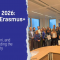 The visual shows the title Brussels 2026: Shaping Erasmus+ Together and subtitle: Students, alumni, and institutions building the future of mobility. The background is dark blue and on the right there is a picture of a lot of people together  