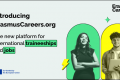 Banner introducing ErasmusCareers.org, a new platform for international traineeships and jobs. The graphic features two young people, one holding a laptop, alongside the Erasmus Careers logo and EU funding logo.