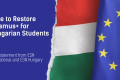 The visual shows on the left the title: “Time to Restore Erasmus+ for Hungarian Students “ and subtitle: “Joint statement from ESN International and ESN Hungary”. On the right side the Hungarian and European flag are together. 